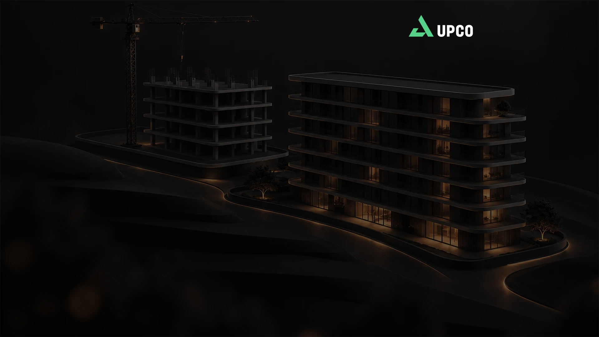 UPCO Development building and construction crane at night